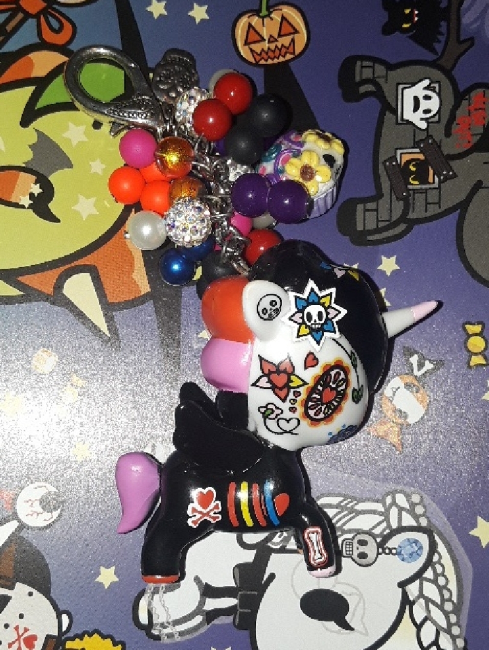Tokidoki Halloween Unicorno bag charm bling La Catrina keychain fob beaded hang